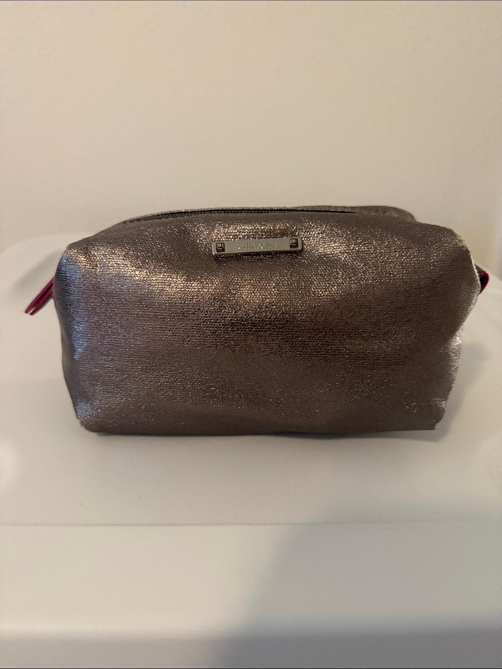 Stella & Dot Metallic Pewter Cosmetic Pouch with Pink Trim NWOT